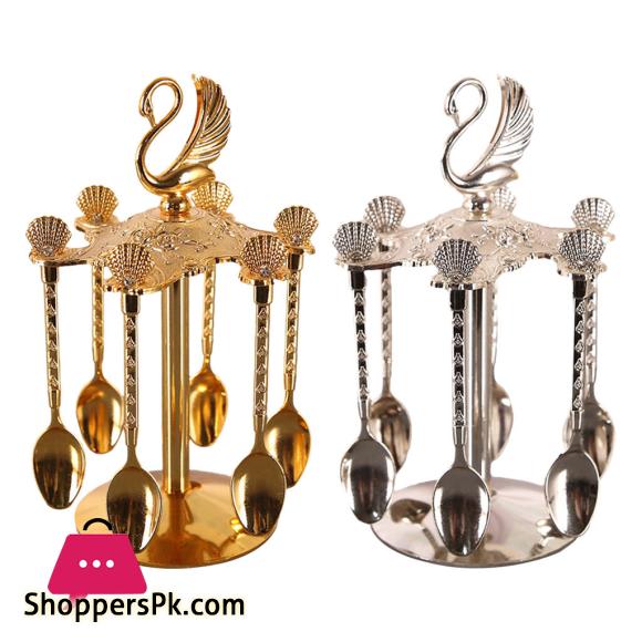 Decorative Swan Base Holder + 6 Spoons Coffee Dessert Spoons Kitchen Dinnerware Set for Stirring Mixing Sugar Coffee|Dinnerware Sets
