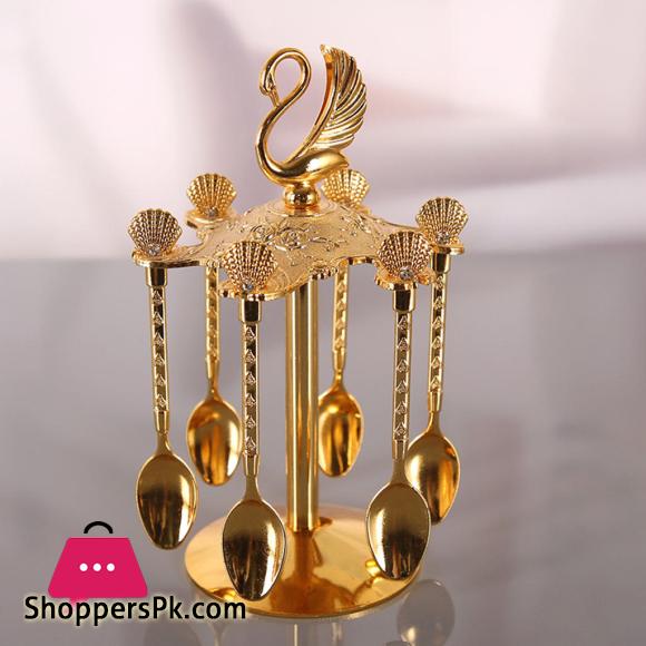 Decorative Swan Base Holder + 6 Spoons Coffee Dessert Spoons Kitchen Dinnerware Set for Stirring Mixing Sugar Coffee|Dinnerware Sets