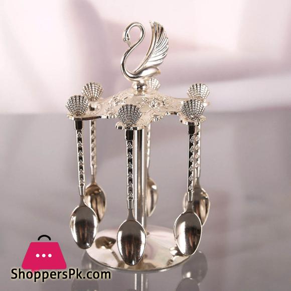 Decorative Swan Base Holder + 6 Spoons Coffee Dessert Spoons Kitchen Dinnerware Set for Stirring Mixing Sugar Coffee|Dinnerware Sets