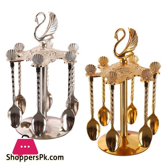 Decorative Swan Base Holder + 6 Spoons Coffee Dessert Spoons Kitchen Dinnerware Set for Stirring Mixing Sugar Coffee|Dinnerware Sets