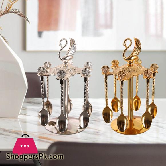 Decorative Swan Base Holder + 6 Spoons Coffee Dessert Spoons Kitchen Dinnerware Set for Stirring Mixing Sugar Coffee|Dinnerware Sets