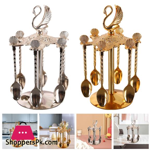 Decorative Swan Base Holder + 6 Spoons Coffee Dessert Spoons Kitchen Dinnerware Set for Stirring Mixing Sugar Coffee|Dinnerware Sets