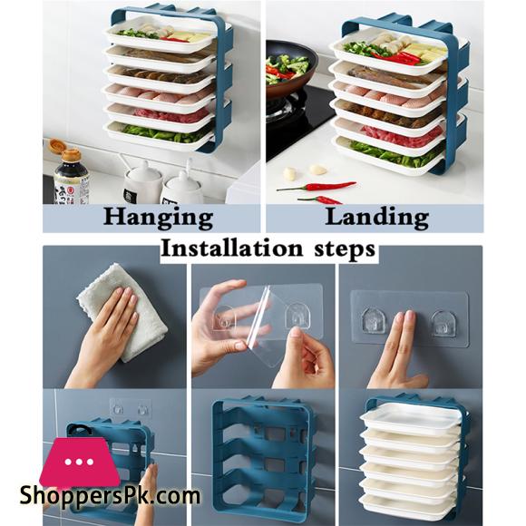 Plastic Plates Set with Wall Mounted Holder Space Saving Kitchen Food Storage Organizer Stackable Cooking Dishes Plate - 6 Pcs
