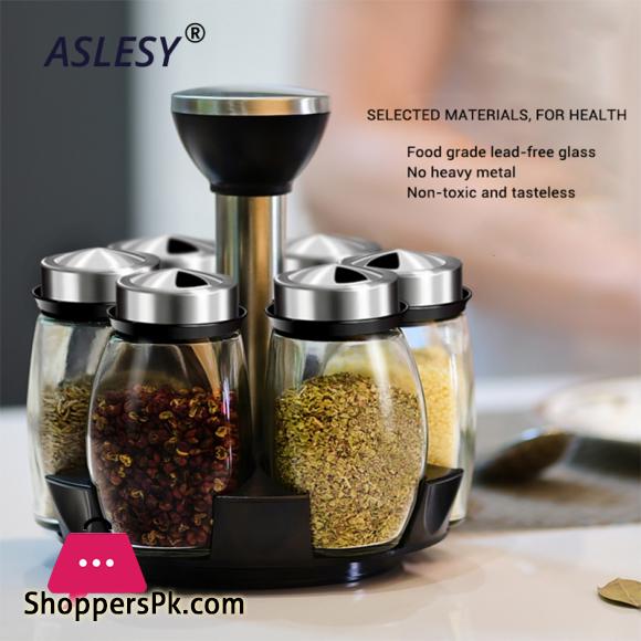 Rotating Cruet Condiment Seasoning Jars Set for Spices Pepper Sprays Bottles Salt Shakers Holder Kitchen Storage Rack Organizer