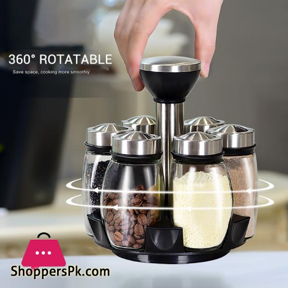 Rotating Cruet Condiment Seasoning Jars Set for Spices Pepper Sprays Bottles Salt Shakers Holder Kitchen Storage Rack Organizer