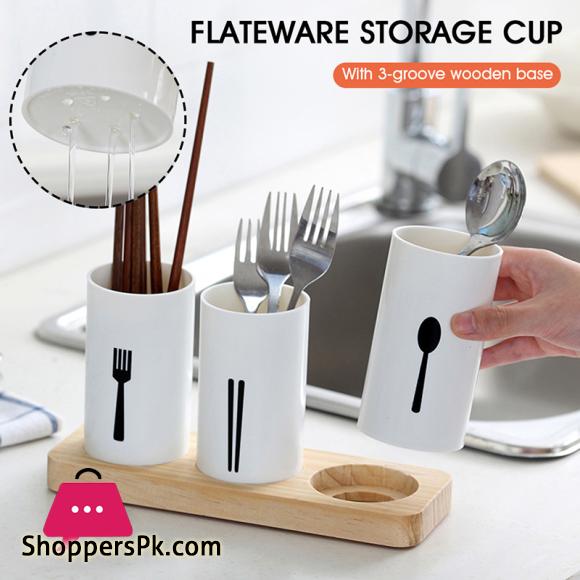 Spoon Holder Drain Rack Desktop Tableware Storage Rack Spoons Knife Storage Box Wooden Table Cutlery Container Kitchen Organizer
