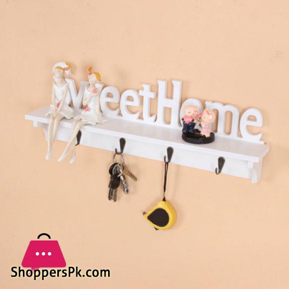 Wooden Wall Mount Rack DIY Sweet Home Storage Shelf Hooks Bedroom Hanger Holder