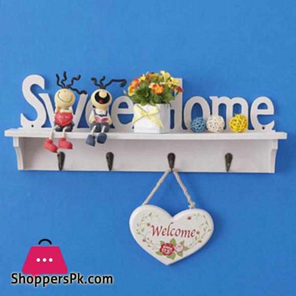 Wooden Wall Mount Rack DIY Sweet Home Storage Shelf Hooks Bedroom Hanger Holder