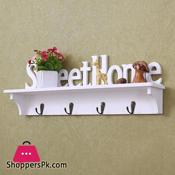 Wooden Wall Mount Rack DIY Sweet Home Storage Shelf Hooks Bedroom Hanger Holder