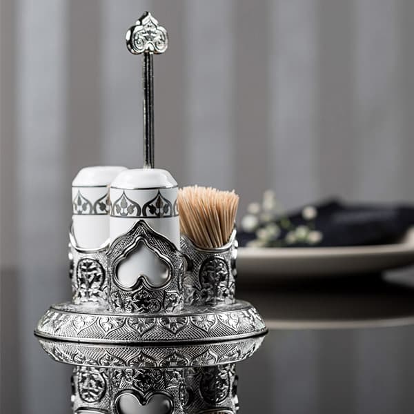 Osena Pewter Metal With Porcelain Desire Salt Pepper Toothpick Silver Turkey Made - 228-K-11