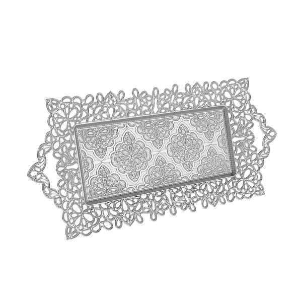 Osena Fyonk Rectangle Serving Tray Pewter Metal Turkey Made Silver 19cmX42cm - 314-2-11