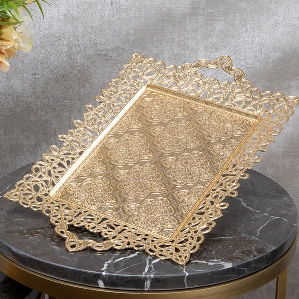 Osena Fyonk Rectangle Serving Tray Pewter Metal Turkey Made Golden 26cmX42cm - 314-4-18
