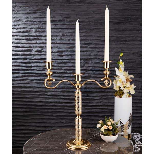 Osena Burma Pewter Metal 3 Arm Candlestick Candle Holder Golden Turkey Made - 348-K-3-18