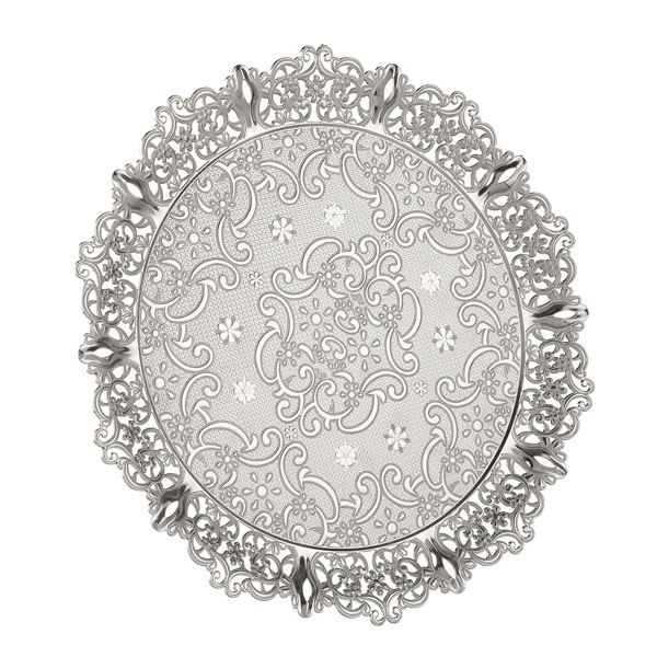 Osena Motif Round Pewter Metal Silver Serving Tray Turkey Made - 355-6-11