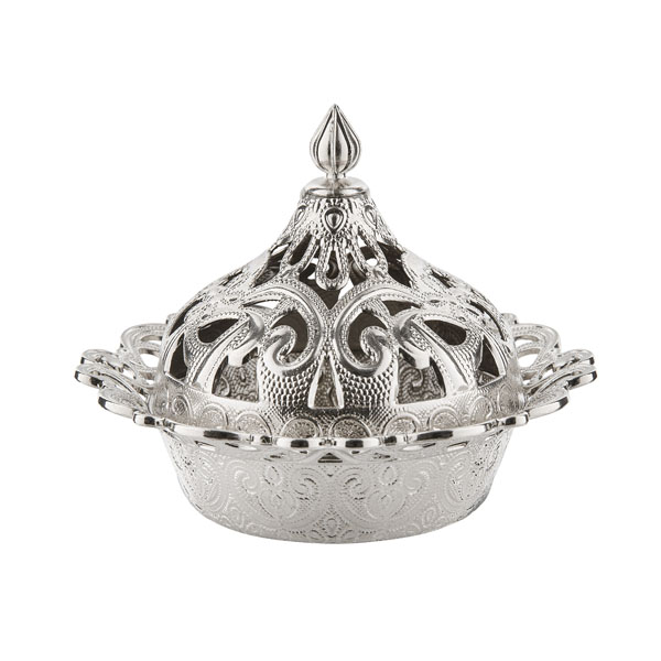 Osena Motif Round Delight Pewter Metal Serving Pot Turkey Made Silver - 356-11