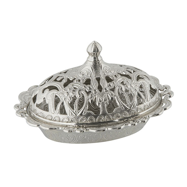 Osena Motif Oval Delight Pewter Metal Serving Pot Turkey Made Silver - 357-11