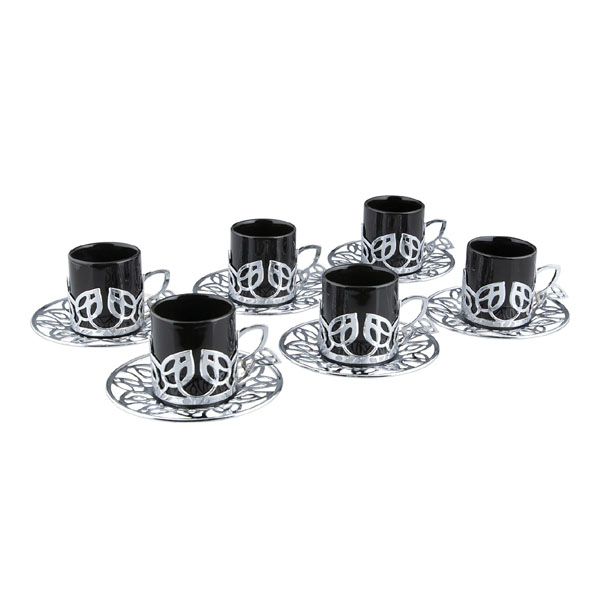 Osena Furug Leaf Designed Espresso Coffee Cups with Saucers Set of 6 Porcelain Turkey Made Arabic Greek Coffee Cup Saucer Silver - 368-K-S-01