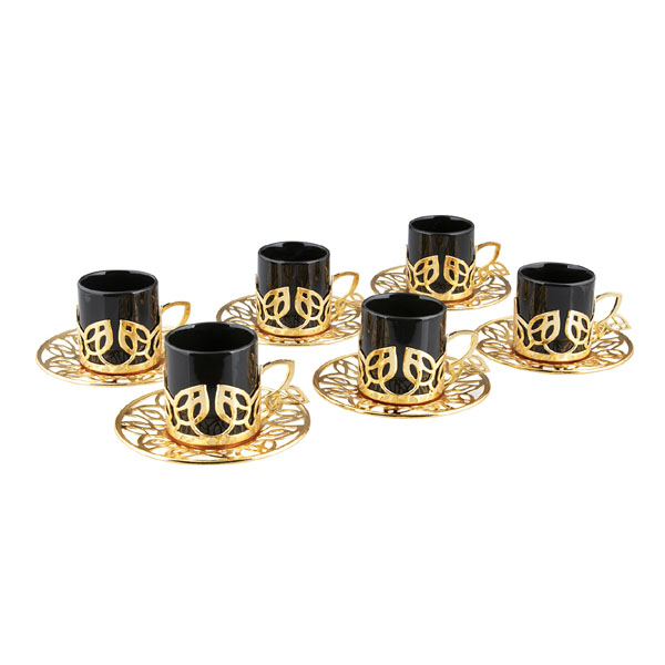 Osena Furug Leaf Designed Espresso Coffee Cups with Saucers Set of 6 Porcelain Turkey Made Arabic Greek Coffee Cup Saucer Golden - 368-K-S-18