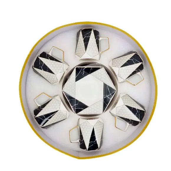 ANGELA Nero Ceramic Tea Cup and Saucer Set of 6 - MG334