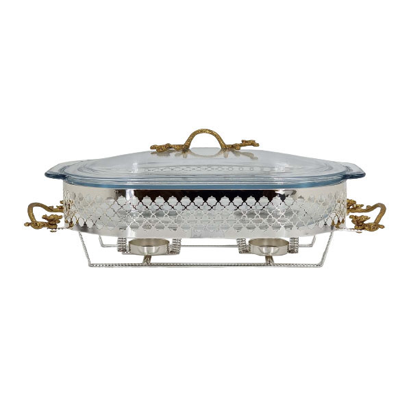 Orchid Silver Plated Brass Collection Oval Casserole with Glass Serving Dish Food Warmer With Tea Light Candle Stand - CD6273