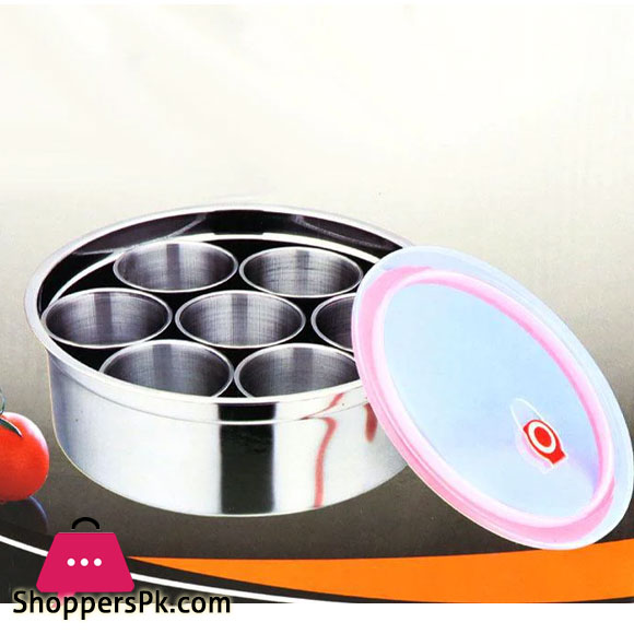 High-Quality Stainless Steel Spice Box Masala Dabba 7 Deep Katori With Box And Silicon Lids 25 Cm