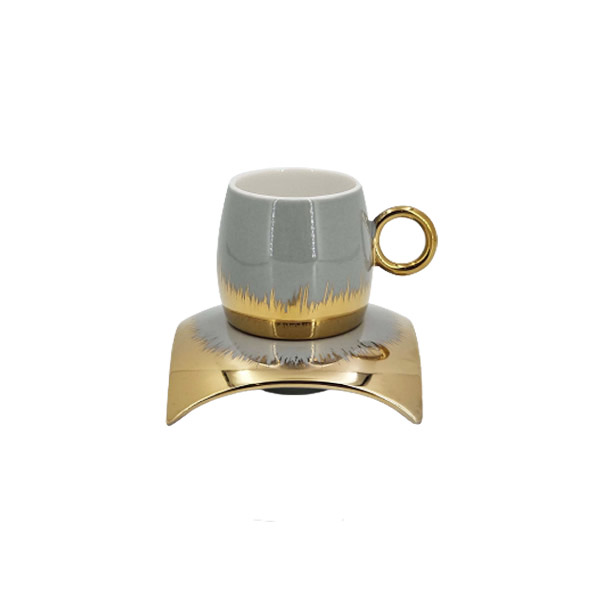 ANGELA Melo Grey Gold Ceramic Tea Cup and Saucer Set of 6 - MG298