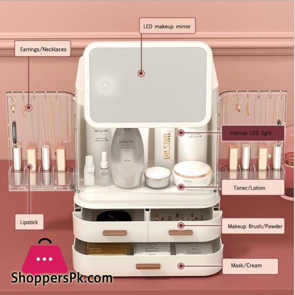 New Makeup Organizer With Mirror LED Light Large Capacity Jewelry Rack Cosmetic Organizer Skincare Lipstick Cosmetic Storage Box