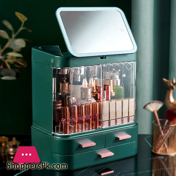 New Makeup Organizer With Mirror LED Light Large Capacity Jewelry Rack Cosmetic Organizer Skincare Lipstick Cosmetic Storage Box