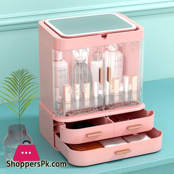 New Makeup Organizer With Mirror LED Light Large Capacity Jewelry Rack Cosmetic Organizer Skincare Lipstick Cosmetic Storage Box