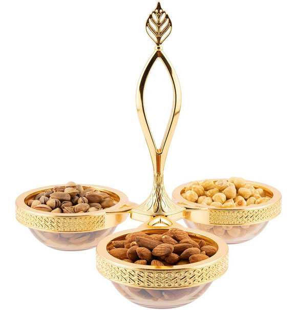 Osena Mira Burma Pewter Metal Luxury 3 Section Triple Glass Serving Bowl Set Golden Turkey Made - 309-K-18