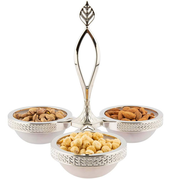 Osena Mira Burma Pewter Metal Luxury 3 Section Triple Glass Serving Bowl Set Silver - 309-K-11