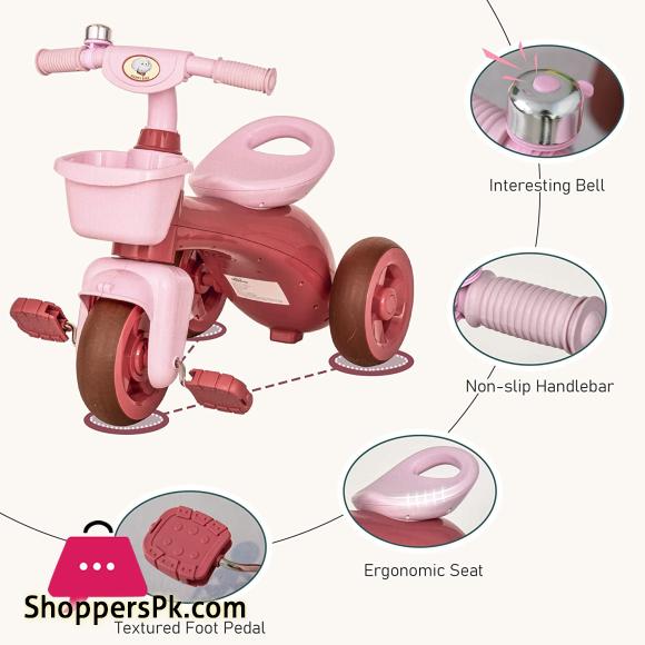 Baoli Tricycle 3-Wheeler Ride-on Toy with 2 Storage Baskets on Front & Back & Non-Slip Handlebar, Pink
