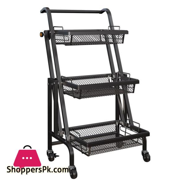 Kitchen Floor Trolley Rack Multifunctional Parallel Folding Vegetable and Fruit Storage Basket 360 Degree Rotation