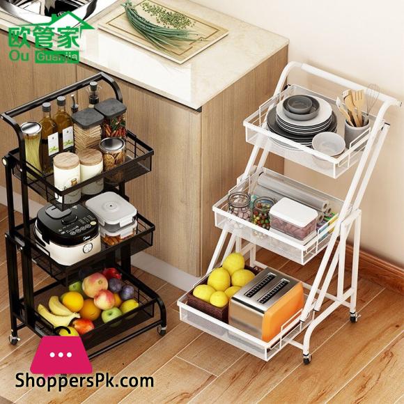 Kitchen Floor Trolley Rack Multifunctional Parallel Folding Vegetable and Fruit Storage Basket 360 Degree Rotation