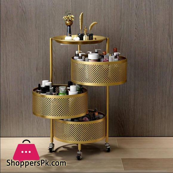 Luxury Rotatable Storage Basket Rolling Utility Cart with Handle Vegetables Basket Spice Cart Rack for Bathroom Living Room – 3 Layer