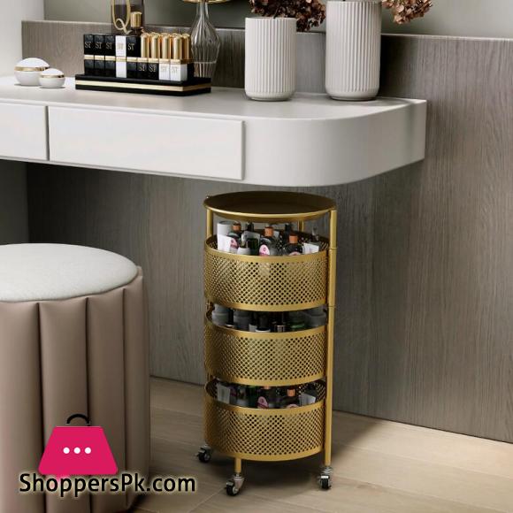 Luxury Rotatable Storage Basket Rolling Utility Cart with Handle Vegetables Basket Spice Cart Rack for Bathroom Living Room – 3 Layer