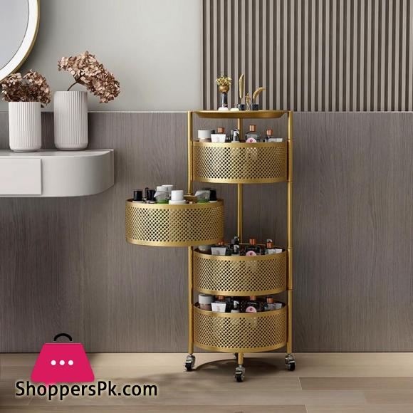Luxury Rotatable Storage Basket Rolling Utility Cart with Handle Vegetables Basket Spice Cart Rack for Bathroom Living Room – 4 Layer