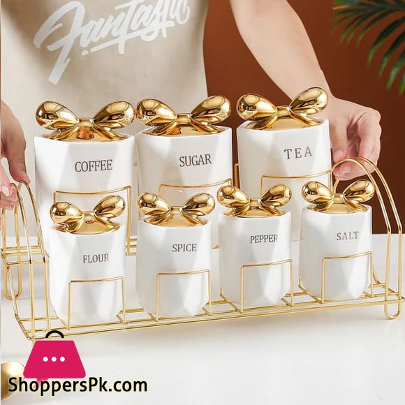 7pcs Luxury Ceramic Kitchen Storage Seasoning Box Set Porcelain Salt /Sugar / Spice / Pepper Spice Jars Sets