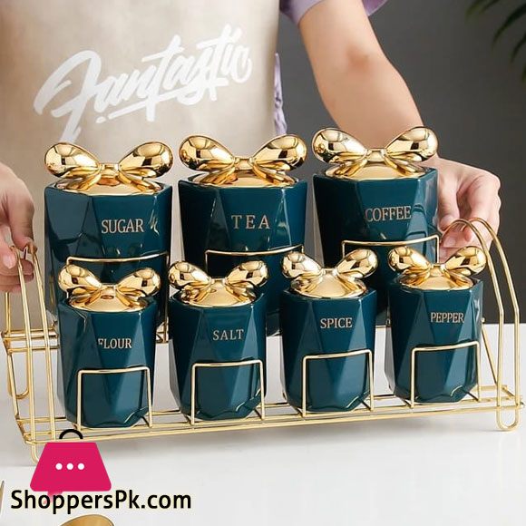 7pcs Luxury Ceramic Kitchen Storage Seasoning Box Set Porcelain Salt /Sugar / Spice / Pepper Spice Jars Sets