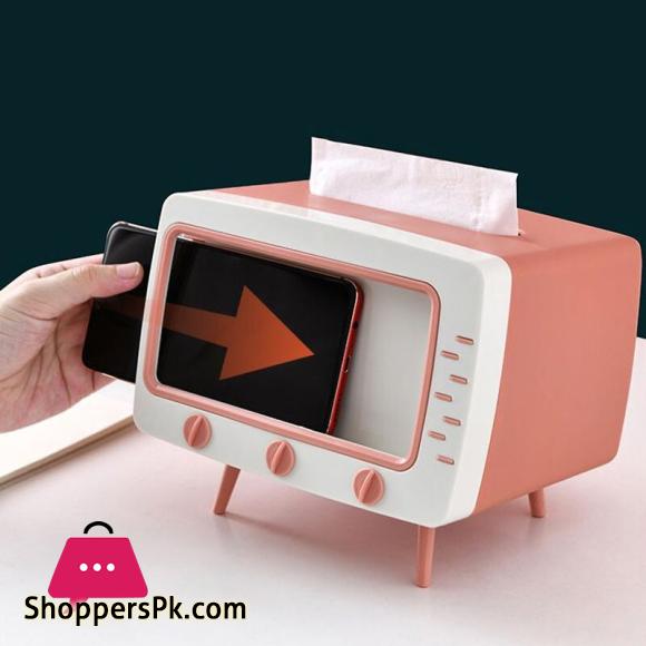 Creative Tissue Box TV Shape Desktop Finishing with Mobile Phone Holder Storage 2 In 1 Napkin Box Storage Box Organizer
