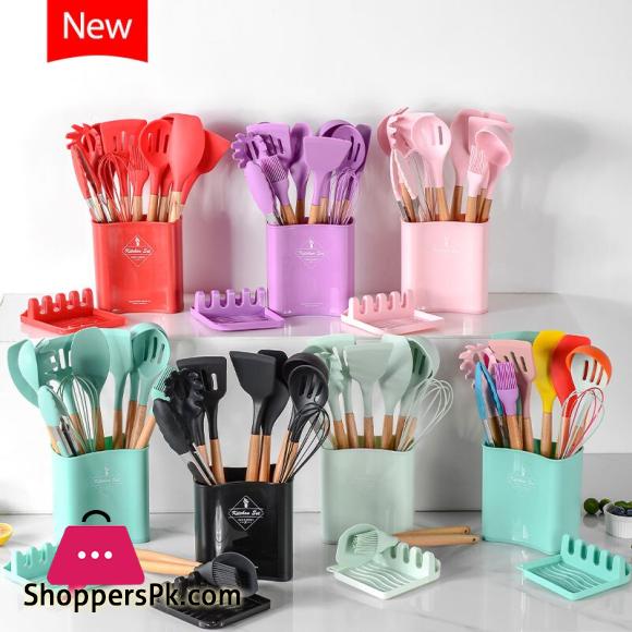 Silicone Kitchen Cookware Set With Wooden Handle Heat Resistant Non Stick Cookware Baking Tools With Storage Box Accessories