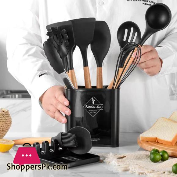 Silicone Kitchen Cookware Set With Wooden Handle Heat Resistant Non Stick Cookware Baking Tools With Storage Box Accessories