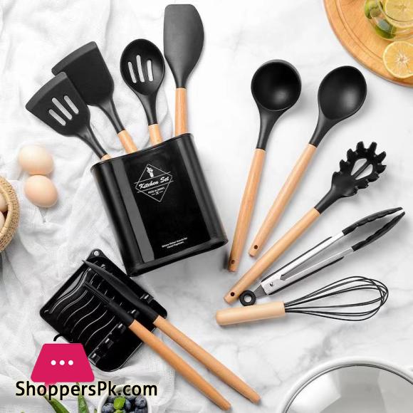 Silicone Kitchen Cookware Set With Wooden Handle Heat Resistant Non Stick Cookware Baking Tools With Storage Box Accessories