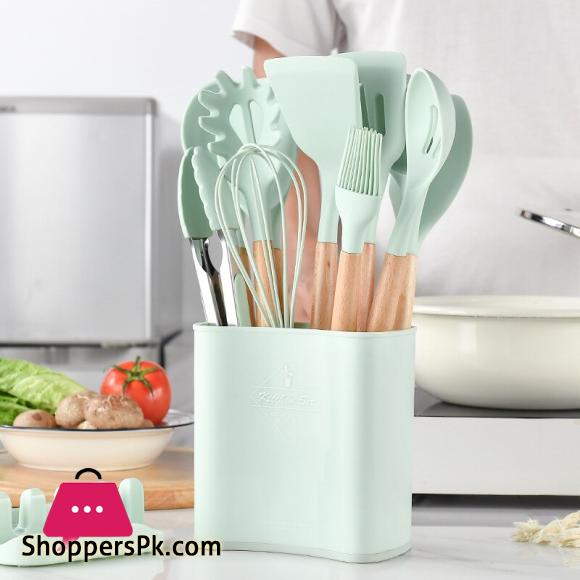 Silicone Kitchen Cookware Set With Wooden Handle Heat Resistant Non Stick Cookware Baking Tools With Storage Box Accessories