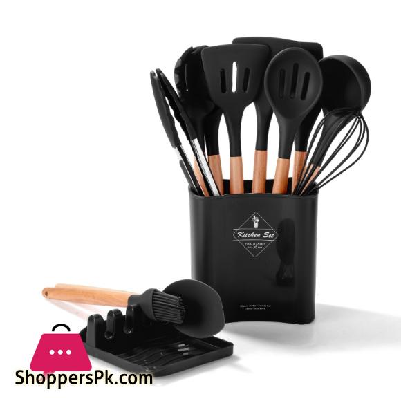 Silicone Kitchen Cookware Set With Wooden Handle Heat Resistant Non Stick Cookware Baking Tools With Storage Box Accessories