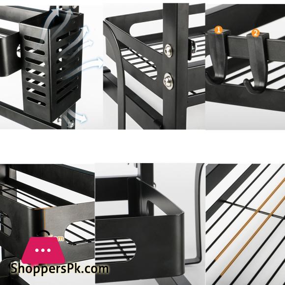 2 Tier Stainless Steel Kitchen Spice Rack Countertop Standing Organizer with 3 Hooks Black