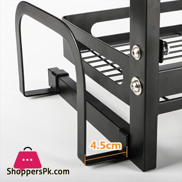 2 Tier Stainless Steel Kitchen Spice Rack Countertop Standing Organizer with 3 Hooks Black