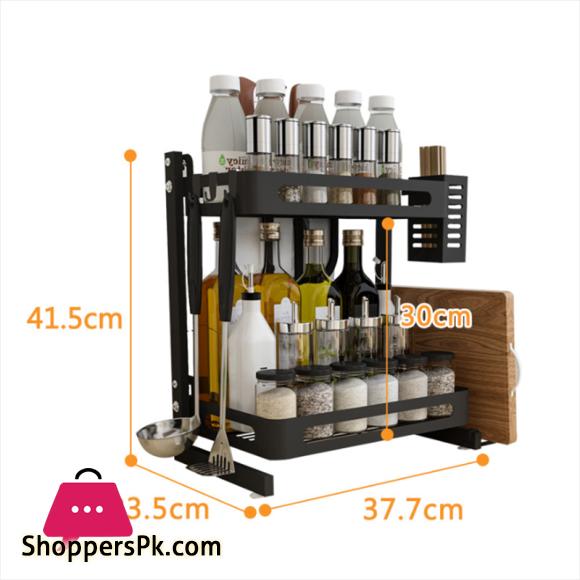 2 Tier Stainless Steel Kitchen Spice Rack Countertop Standing Organizer with 3 Hooks Black