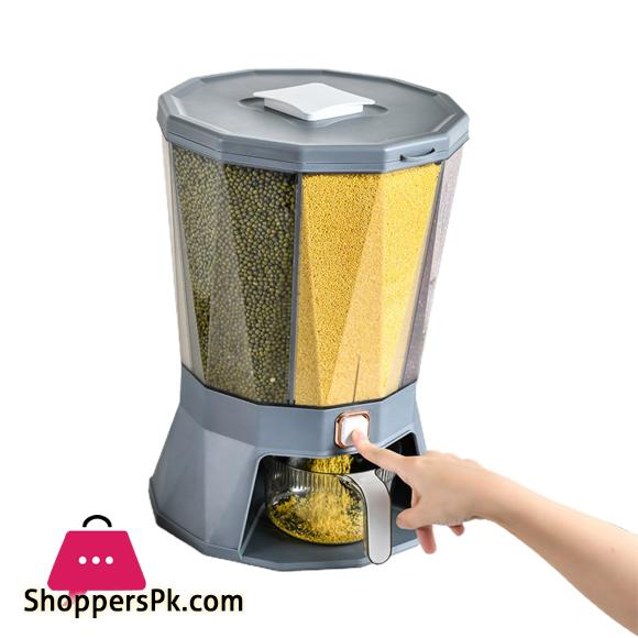 4 Grid Rice Dispenser Cereal Storage Container with Large Dry Food Container, Transparent 4 Compartments and Candy Rotating Base