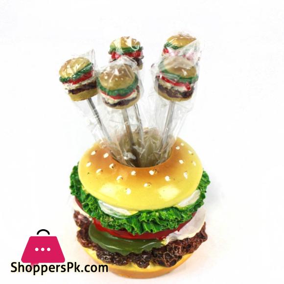 Fruit Fork Hamburger Shape Cute Set of 6 Fruit Forks with Holder Stainless Steel Food Pick Forks for Kids Home Hamburger